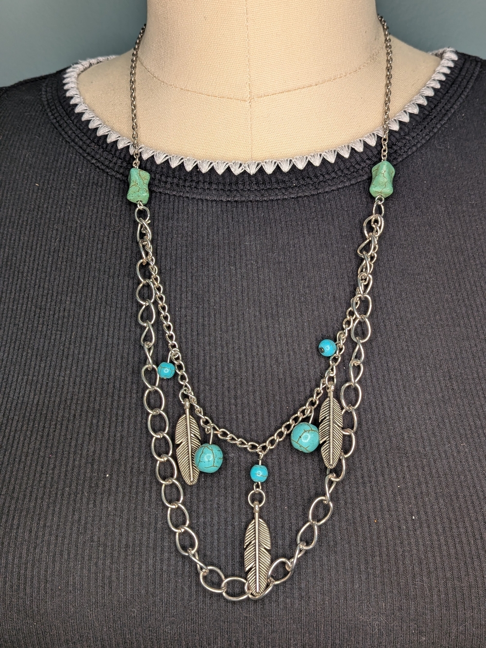 Boho Southwestern Layered Chain Necklace Feather Charms Faux Turquoise Beads